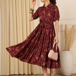 Anouk Floral Printed Tie-Ups Detail Fit & Flare Midi Dress-image-11
