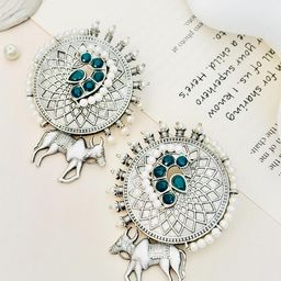 ABDESIGNS Silver-Plated Studded And Beaded German Silver Oxidised Drop Earrings-image-32