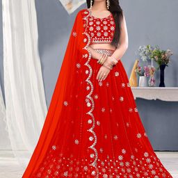 F Plus Fashion Girls Orange Net Semi-Stitched Lehenga Choli-image-94