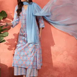 Shae by SASSAFRAS Ethnic Motifs Printed Pleated Pure Cotton Kurta With Palazzos & Dupatta-picture-43