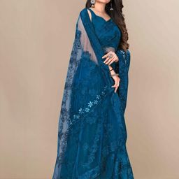 Peachmode Teal Net Sarees-picture-36