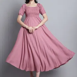 Aawari Women Solid Smocked A-Line Midi Dress-image-7