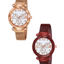 CSAMON Women Set of 2 Textured Style Analogue Watch Mina White Dial RoseGold Red Maganet-image-33