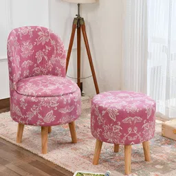 NACIAPink And White 2 Piece Printed Wooden Cylindrical Ottoman With Stool-image-100