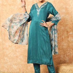 NIZA FASHION Women Ethnic Motifs Embroidered V-Neck Kurta with Trousers & With Dupatta-image-90