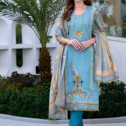 BE IN TEXO FAB Floral Embroidered Thread Work V Neck Kurta With Trousers & Dupatta-picture-26
