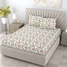 BOMBAY DYEING Beige & White Floral 144 TC King Bedsheet with 2 Pillow Covers-image-61