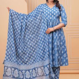 SINGNI Women V-Neck Floral Printed Anarkali Pure Cotton Kurta with Trousers & Dupatta-picture-26