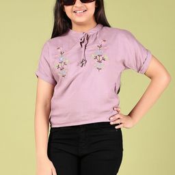 V-Mart Girl's Floral Printed Tie-Up Neck Regular Top With Embroidered Work-picture-8