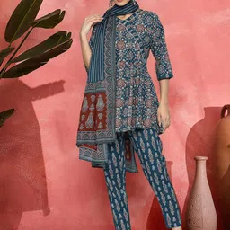 Sangria Women Printed Pure Cotton Round Neck Kurta Pant & Dupatta Set-image-25