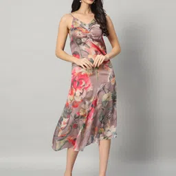 BRIJAL LAD Floral Print Halter Neck Satin A-Line Midi Dress-image-12