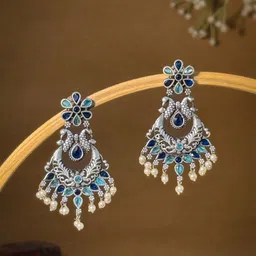 NAMAN ARTS Silver-Plated Artificial Stone And Beaded Contemporary Oxidised Drop Earrings-46