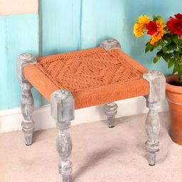 Ikiriya Orange-Colored & Grey Wooden Square Stool with Rope Canning-23