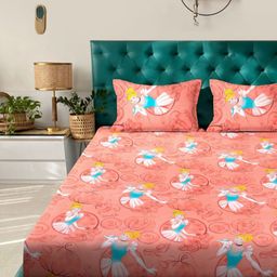 KLOTTHE Orange-Coloured Cartoon Printed 400 TC Cotton Bedsheet Set 2.50 x 2.25 m-54
