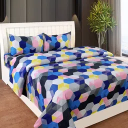 Aura Red & Blue Geometric 144 TC King Bedsheet with 2 Pillow Covers-image-69