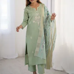 KALINI Floral Embroidered Notch Neck Thread Work Straight Kurta With Trousers & Dupatta-picture-18