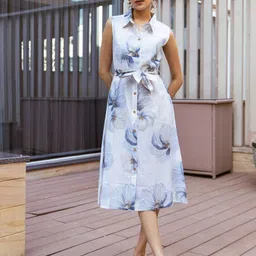 ARAVALII Floral Printed Shirt Collar A-Line Dress-image-54