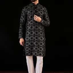 Anouk Navy Blue Geometric Woven Design Mandarin Collar Thread Work Pure Silk Kurta-picture-29