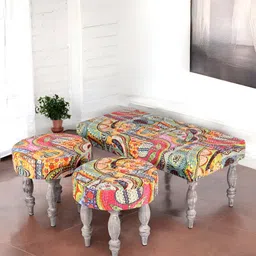 Ikiriya Red & Orange Kantha Embroidered 2-Seater Bench With Stools-35