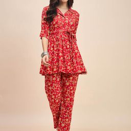 TRUVON FASHIONS Floral Printed Shirt Collar Pure Cotton Tunic With Trousers-42