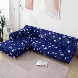 GIFTS ISLAND Navy Blue 2 Pieces Floral Printed 3+3 Seater L-Shape Sofa Covers With Arms-image-66