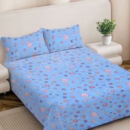 FABINALIV Blue & Peach-Coloured Floral Woollen 300TC Double King Bedsheet Set-2.50mX2.25m-picture-34