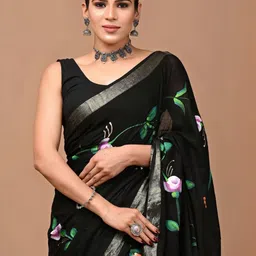 Crafts Moda Women Black Floral Linen Blend Block Print Saree-picture-46
