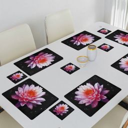 REVEXO Black & Pink 12 Pieces Floral Printed Rectangular Shaped Coasters & Table Placemats-31