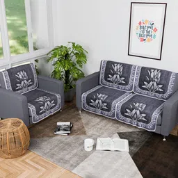 Myntra Elegant Homes Grey & Lavender 6 Pieces Printed Cotton 3 Seater Sofa Cover-6