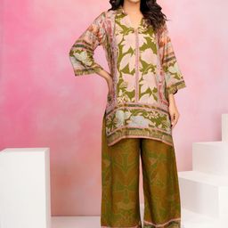 Kaftanize Floral Printed Shirt Collar A-Line Kurti With Trousers-image-89