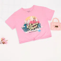 Pantaloons Junior Girls Printed Mandarin Collar Applique Boxy T-shirt-60
