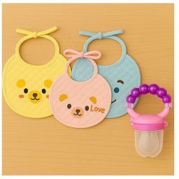 Baby Bibs Set of 3 with Silicone Fruit Feeder Soft Washable Knot Bibs + Nibbler-image-93