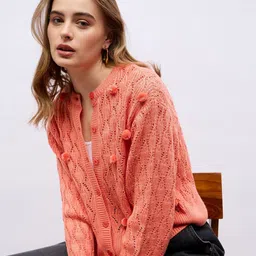 Styli Women Round Neck Regular Length Cardigan With Pompom Details-image-86