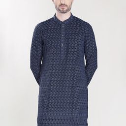 PulseIQ Men Geometric Woven Design Thread Work Mandarin Collar Cotton Straight Kurta-picture-41
