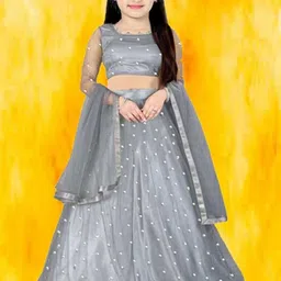 F Plus Fashion Girls Embellished Beads & Stones Net Semi-Stitched Lehenga Choli & Dupatta-picture-9