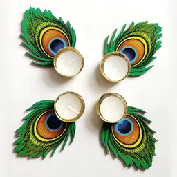 Sellplus 4Pcs Green & Blue Textured Peacock Feather Tealight Candle Holders-picture-19
