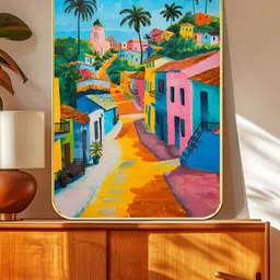 SAF Blue & Green Colorful Tropical Village MDF Wall Art-20