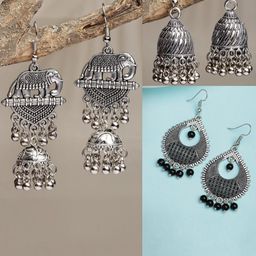 Sangria Set Of 3 German Silver Artificial Beaded Oxidized Dome Shaped Jhumkas-14