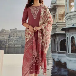Foxent Women Floral Embroidered Cotton Kurta with Trousers & Dupatta-image-75