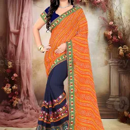 KAVINDI Bandhani Embroidered Pure Georgette Half and Half Bandhani Saree-picture-12