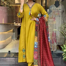 KALINI Women Ethnic Motifs Yoke Design Regular Thread Work Kurta with Trousers & With Dupatta-22