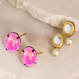 ORANGENYSHA Set Of 2 Korean Gold-Plated Crystal Studded & Artificial Beaded Oval Studs-picture-12