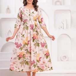 CORSICA Women Maternity Floral Printed Gathered or Pleated Fit and Flare Cotton Midi Dress-image-30