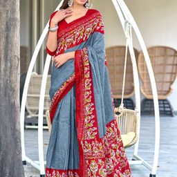 Moda Rapido Women Grey & Red Pure Cotton Batik Print Sarees-picture-5