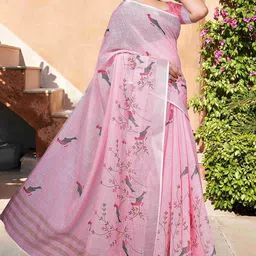 PHEASANT Ethnic Motifs Print Zari Pure Linen Block Print Saree image 3