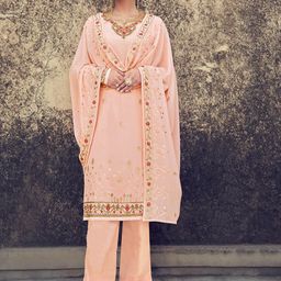 HRITIKA Women Floral Embroidered Regular Silk Georgette Kurta with Trousers & With Dupatta-image-12