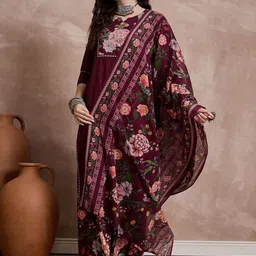 Sangria Floral Yoke Design Notch Neck Sequinned Straight Kurta With Palazzo & Dupatta-picture-8