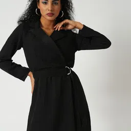 Globus Women Self Design Notched Collar Long Sleeves Belted Wrap Dress-picture-1