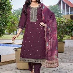 Royal Export Floral Embroidered Straight Zari Kurta With Trousers & Dupatta-22