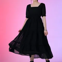 Femvy Puff Sleeve Applique Georgette Fit & Flare Maxi Dress-picture-18